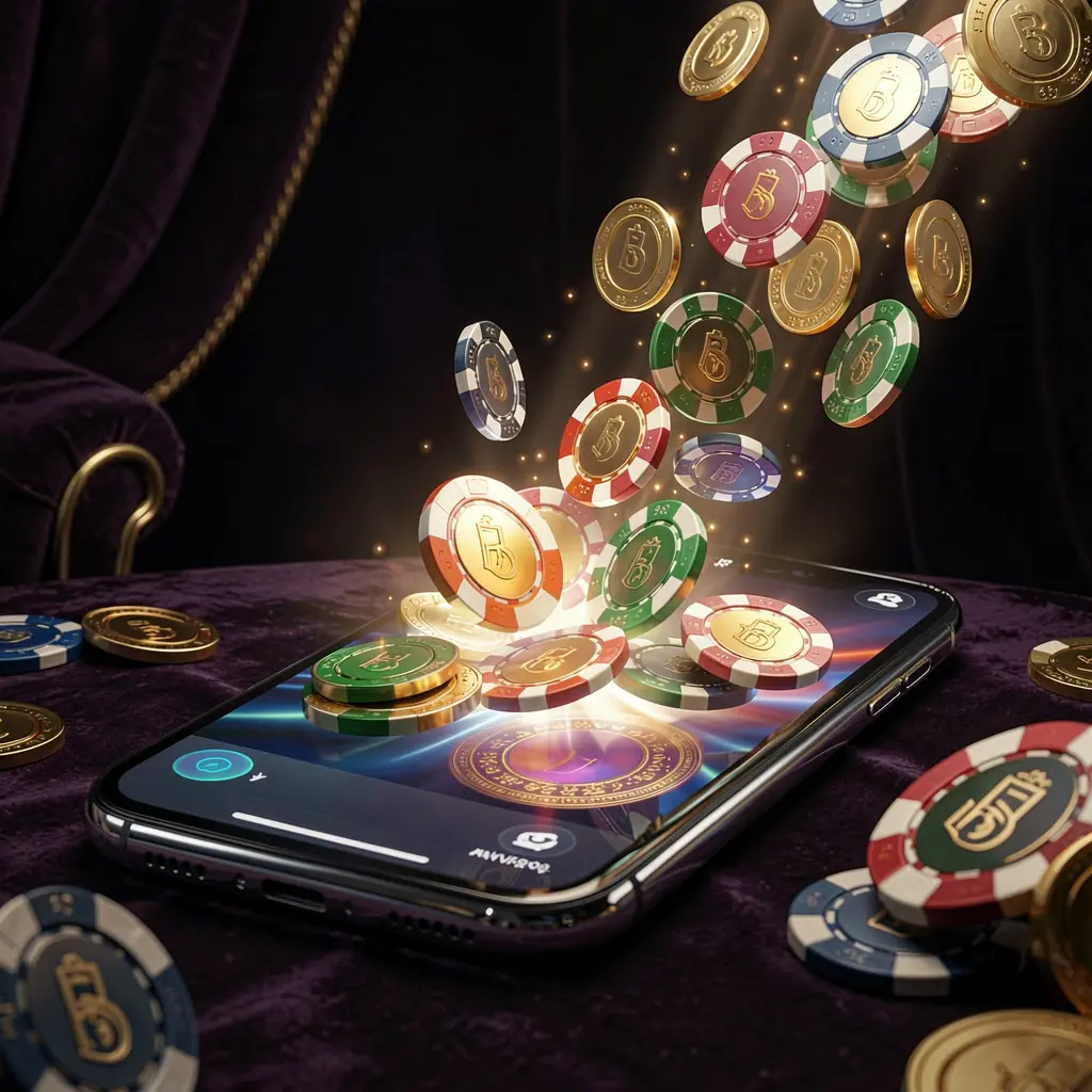 Smartphone screen glowing with casino chips and coins coming out, showcasing the MY9988 online gaming app against a luxury dark background with cinematic lighting in a high detail 3D render