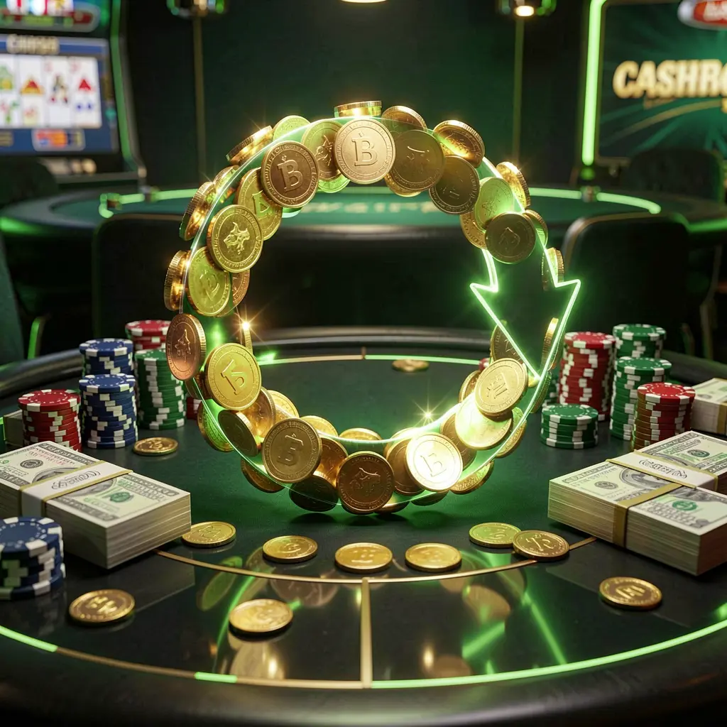 MY9988 casino cashback bonus visual featuring golden coins returning in a circular arrow motion with poker chips and cash bundles on a glossy dark table, highlighted by glowing green and gold accents in a premium online casino style