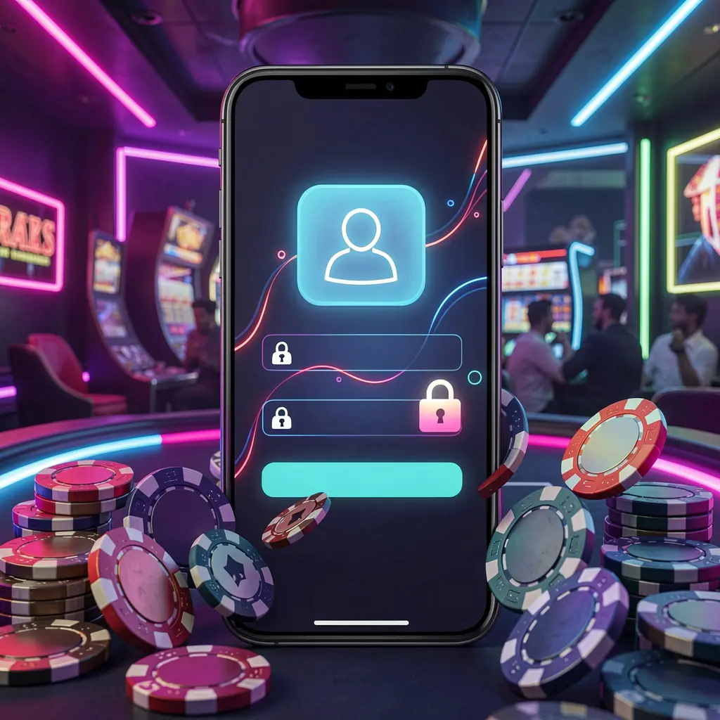 MY9988 mobile gaming login page concept featuring a smartphone displaying an abstract login interface with user and lock icons, surrounded by casino chips and coins under luxury neon lighting