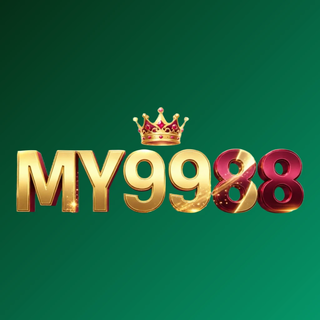 Dynamic casino-style logo for MY9988 featuring massive bold lettering in bright gold and crimson colors with a glowing crown and sparkling light effects on a transparent background