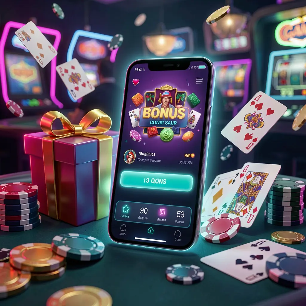 Modern casino website hero scene featuring a smartphone with glowing interface surrounded by bonus gift box, chips, coins, and playing cards in premium neon casino style, showcasing MY9988's responsible gaming theme